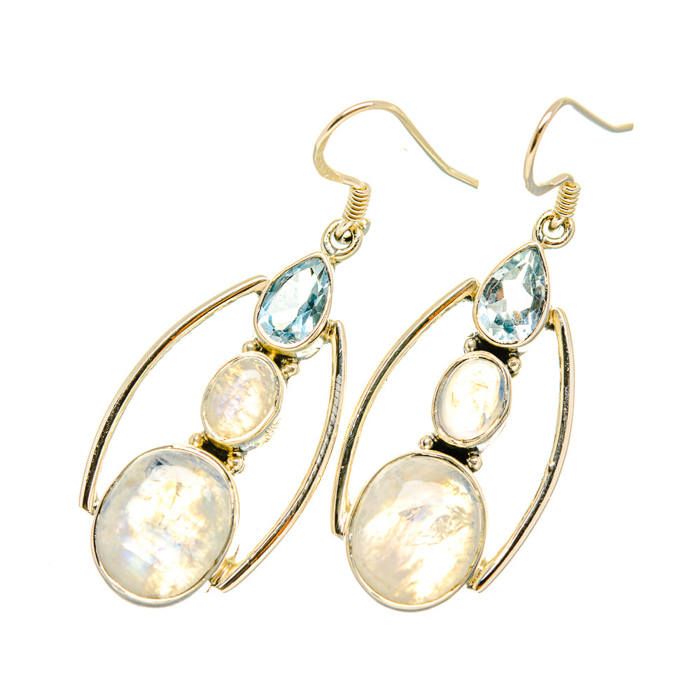 Silver hoop drop earrings with blue topaz and rainbow moonstone