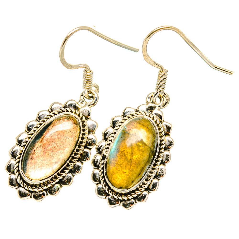 Oval labradorite drop earrings, 925 sterling silver with ornate oval bezel