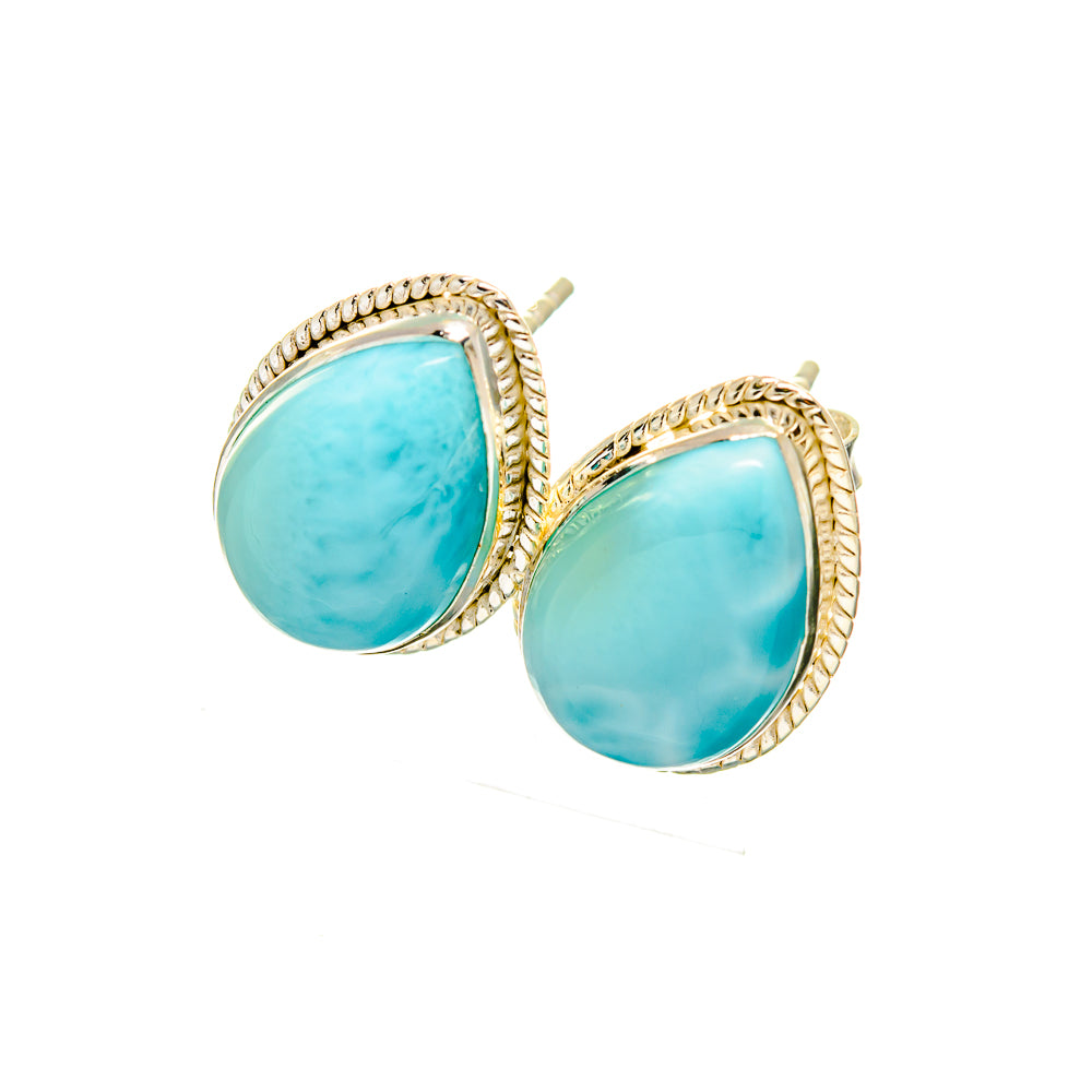 Larimar stud earrings with oval blue cabochon stones and textured 925 sterling silver backs
