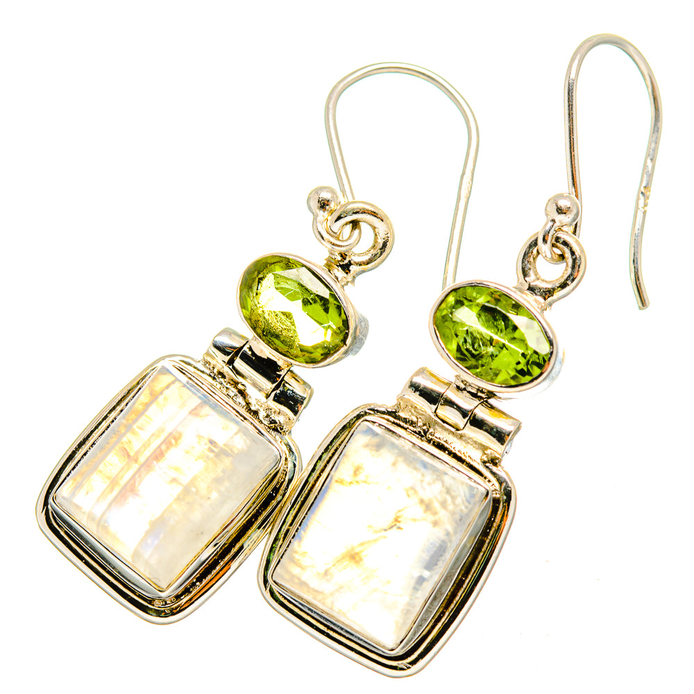 Sterling silver drop earrings with green gemstone tops and rectangular rainbow moonstone pendants