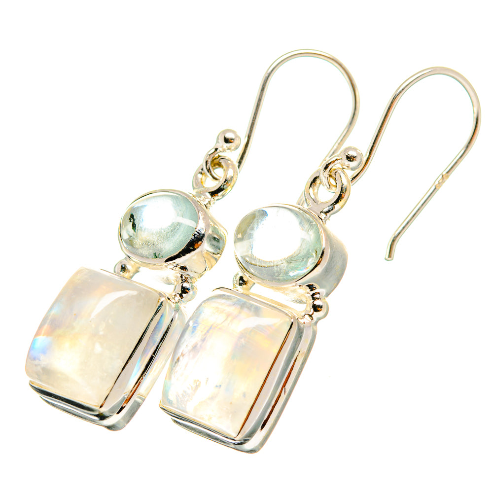 Rainbow moonstone drop earrings with round top stones and rectangular silver dangles