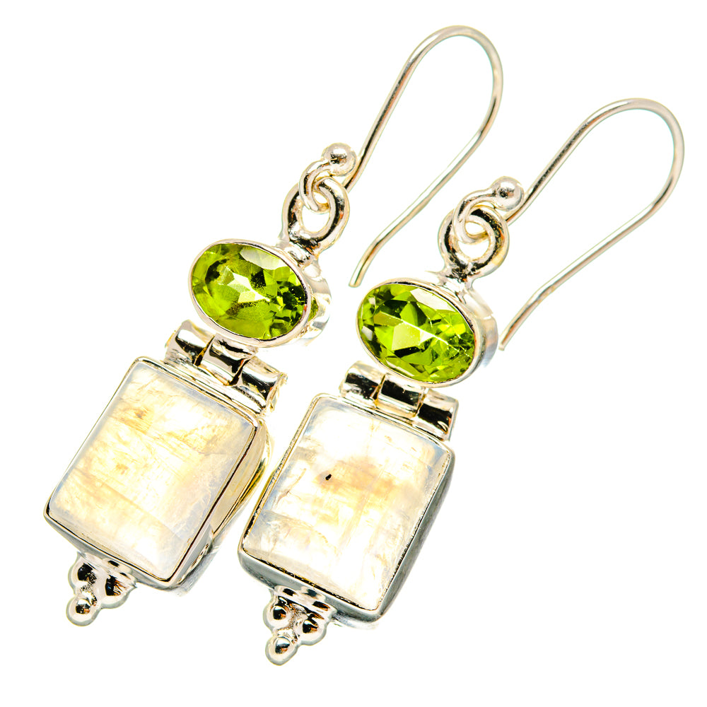 Sterling silver earrings with green peridot studs and opalescent moonstone drops
