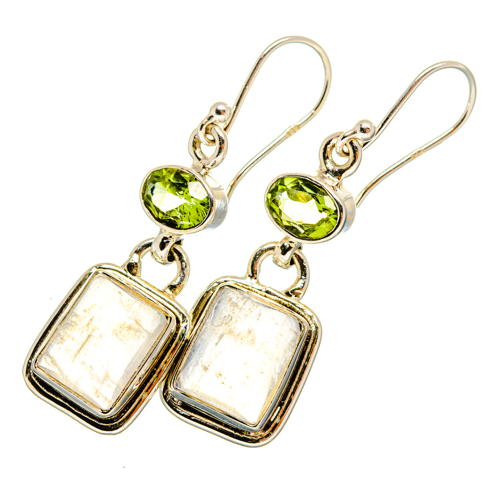 925 sterling silver drop earrings with oval green peridot and rectangular iridescent moonstone