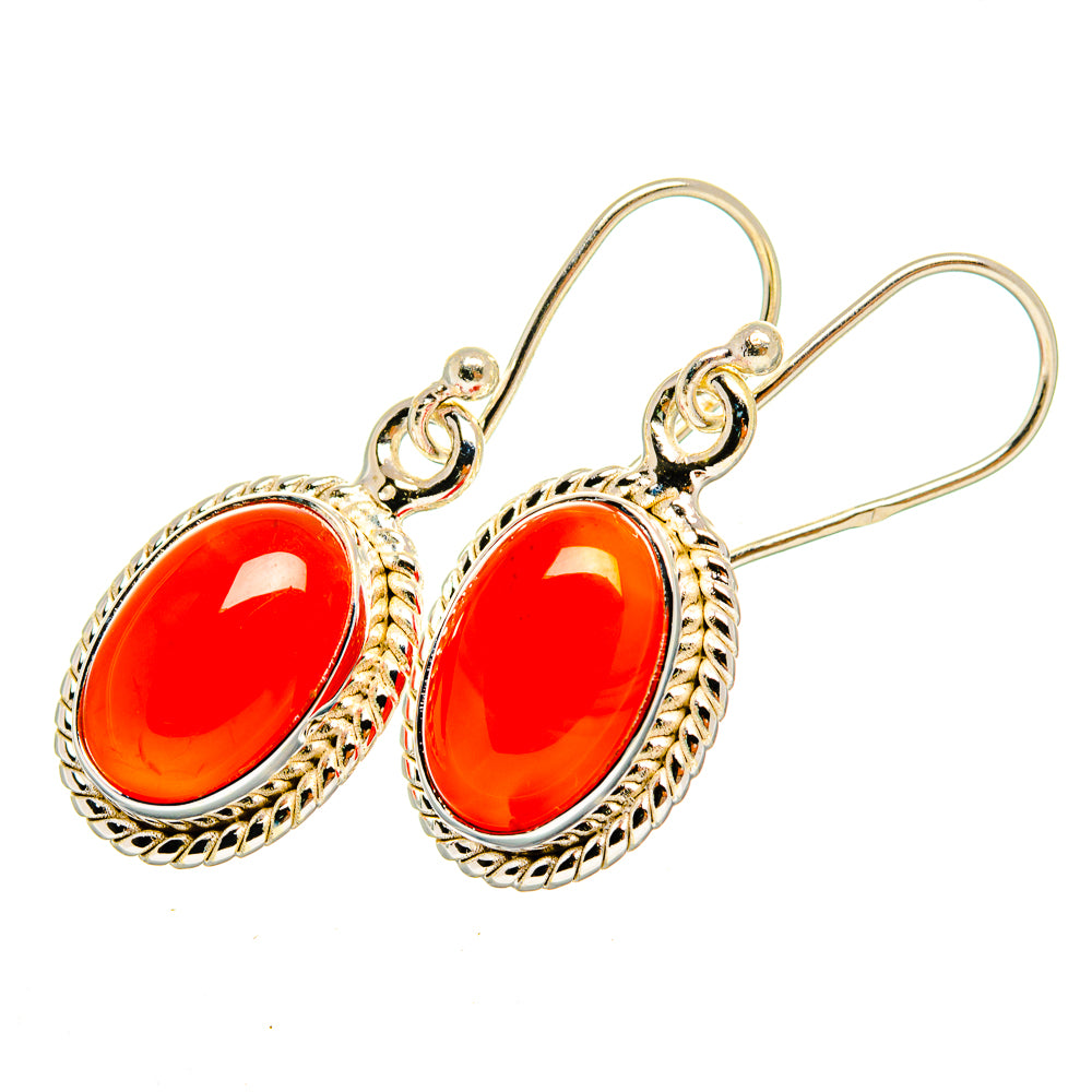 925 sterling silver oval carnelian drop earrings, ornate bezel, red-orange cabochons
