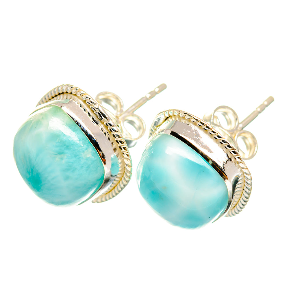 Oval larimar stud earrings, 925 sterling silver with textured rope bezel and posts
