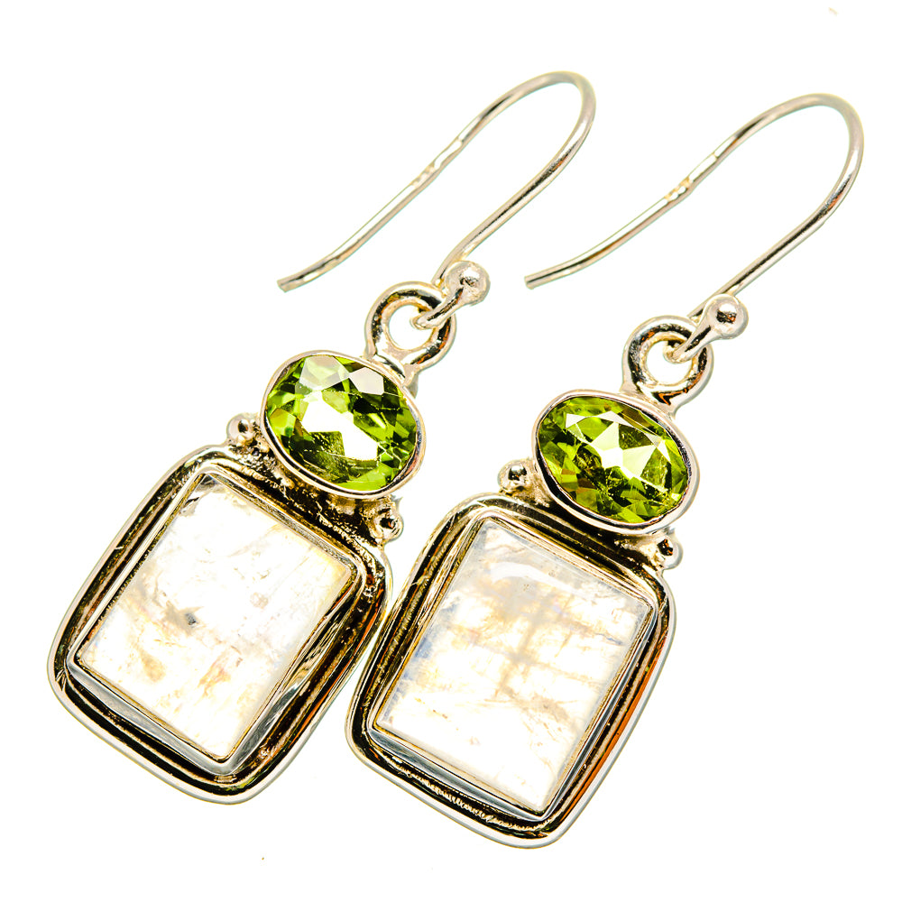 Sterling silver earrings with green peridot and iridescent moonstone drop