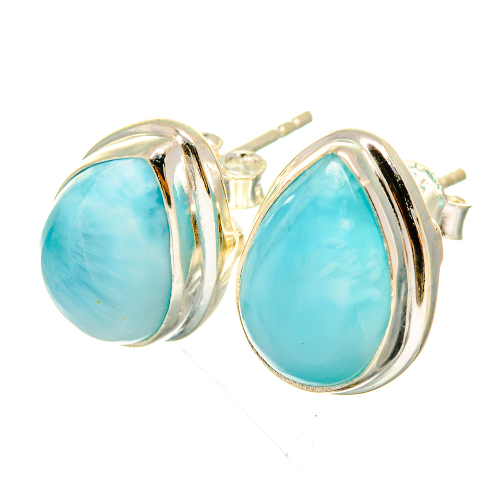 Larimar teardrop stud earrings in 925 sterling silver, blue gemstone bezel