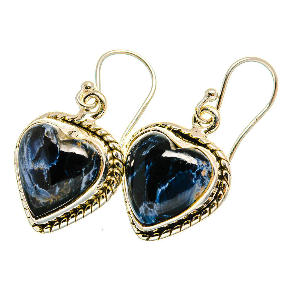 Heart-shaped pietersite earrings in 925 sterling silver, blue stone with halo setting
