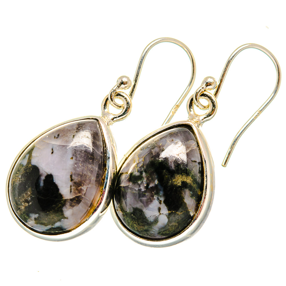 Polished gabbro stone teardrop earrings in 925 sterling silver with fishhook drops