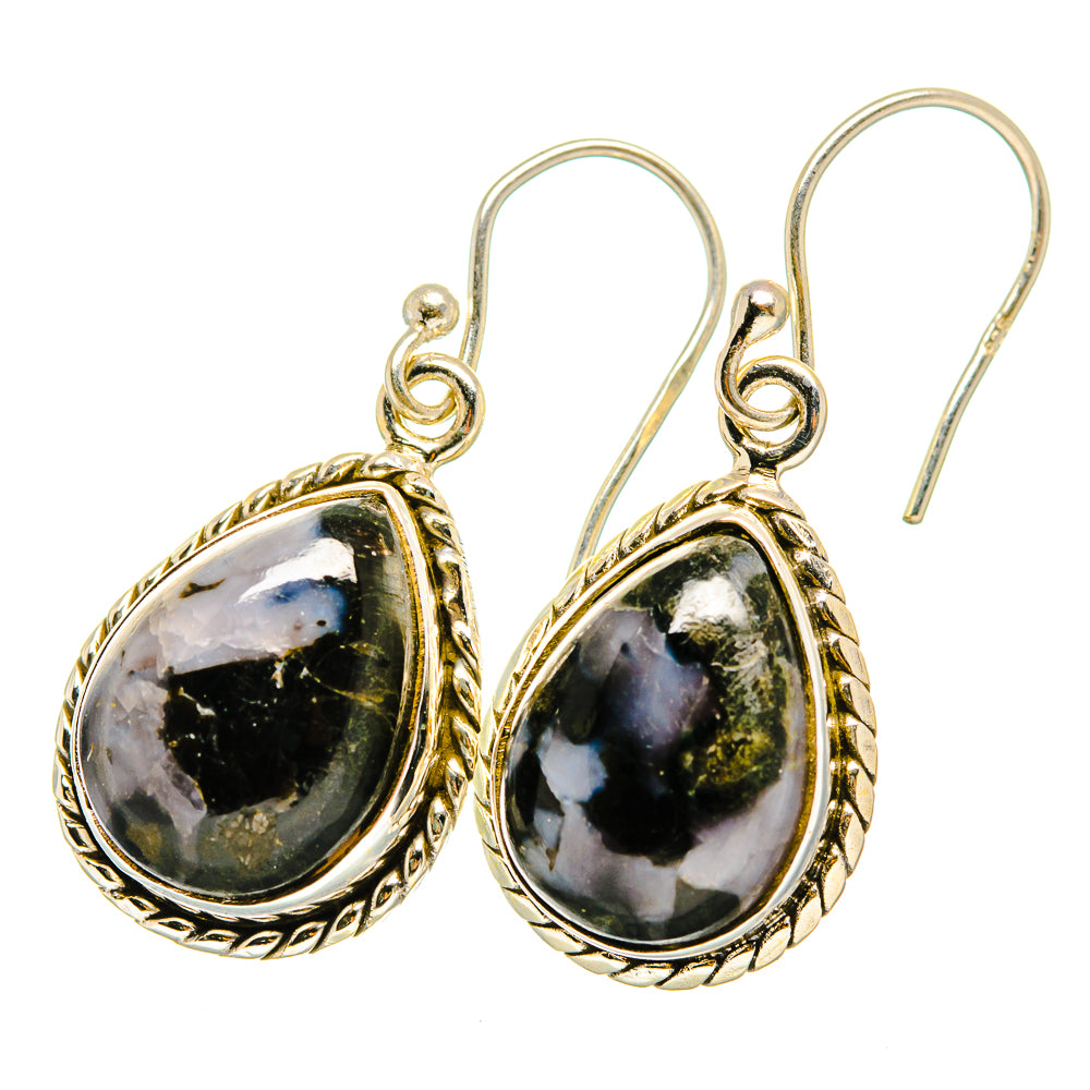 925 sterling silver gabbro teardrop drop earrings, dark stone with blue white specks