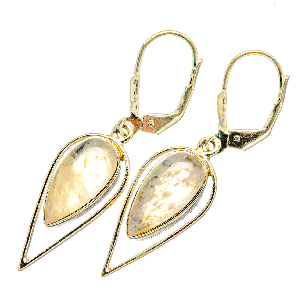 Dangling teardrop moonstone-style earrings with leverback hooks and bezel-set stones