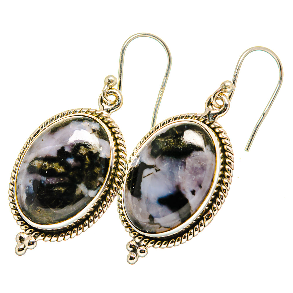 Oval gabbro stone drop earrings with ornate round bezel, 925 sterling silver fishhooks
