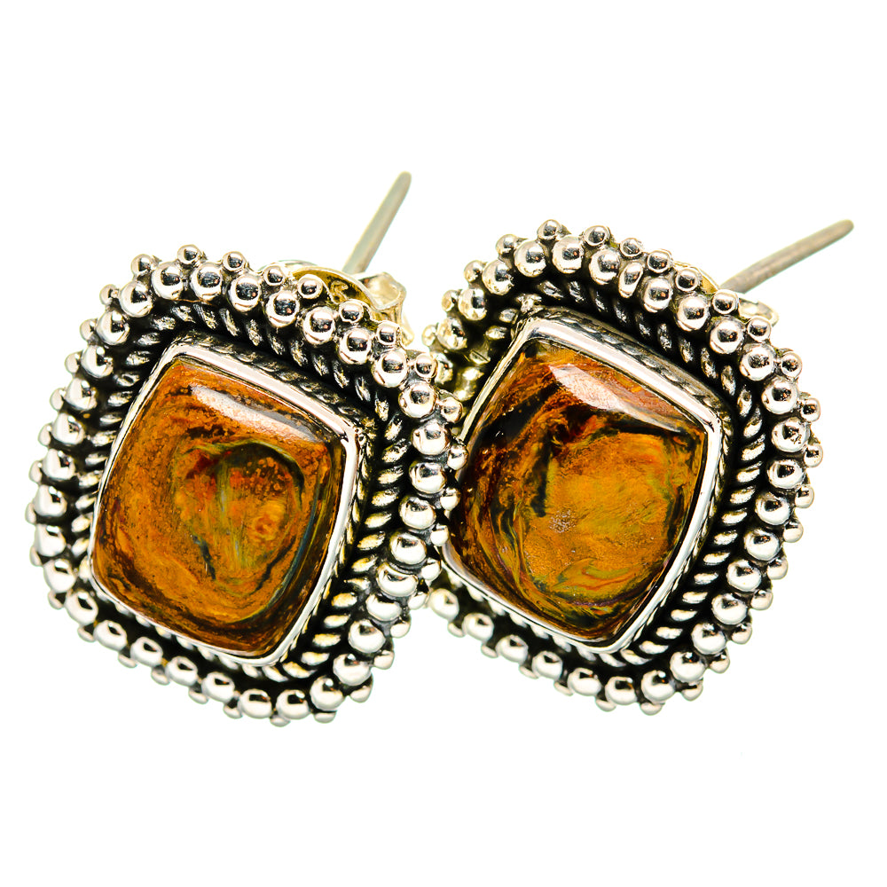 925 sterling silver pietersite stud earrings, square orange-brown stones with beaded border
