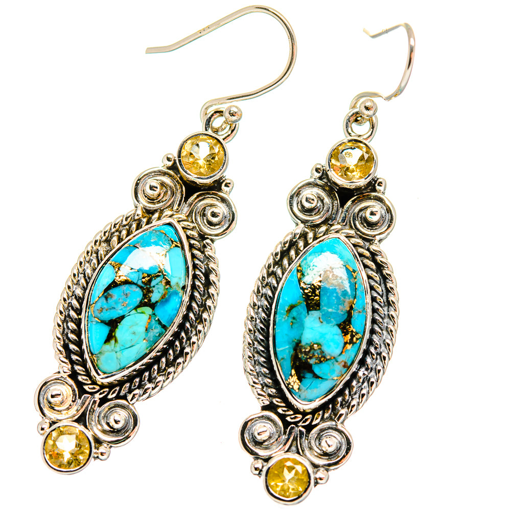 Turquoise oval gemstone drop earrings with yellow round accents and silver hooks