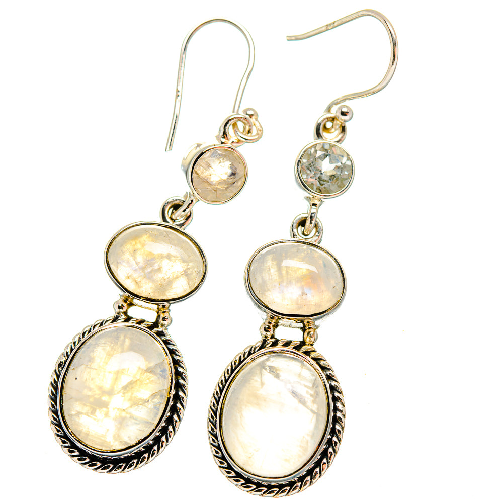 Sterling silver drop earrings with round iridescent white cabochons and hook backings