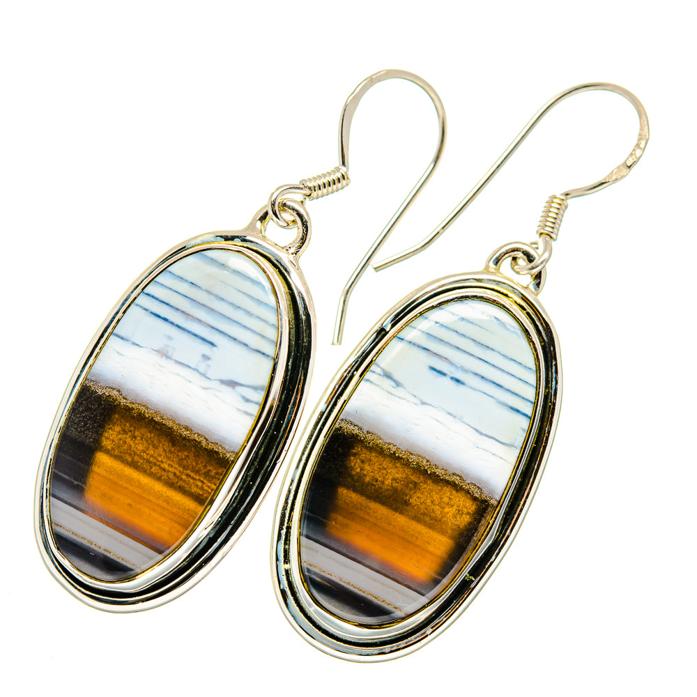 Sterling silver oval opal drop earrings, blue-white and amber-gold banded inlay