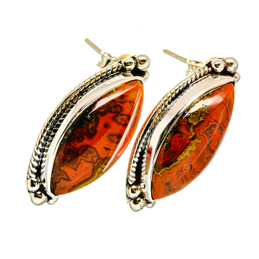 Oval orange marbled stone drop earrings with sterling silver setting and gold posts