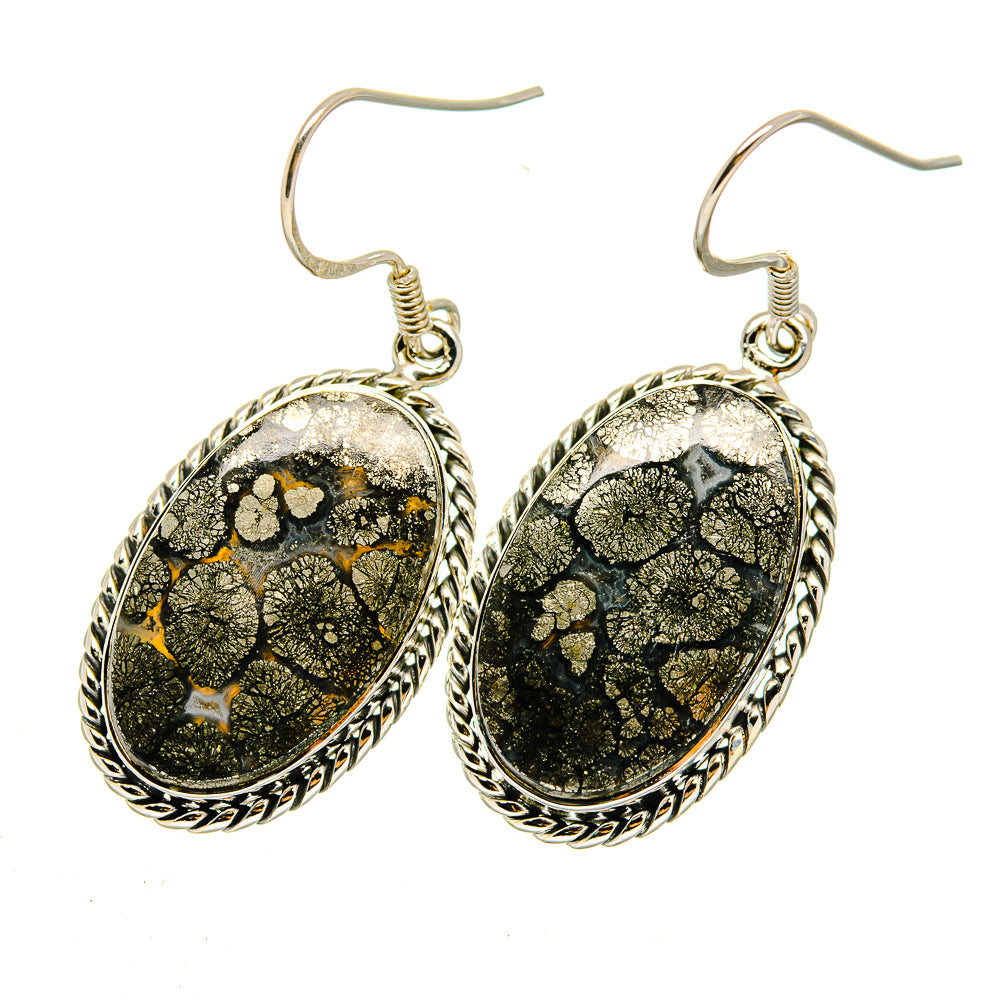 Oval pyrite agate earrings in 925 sterling silver with textured rope border