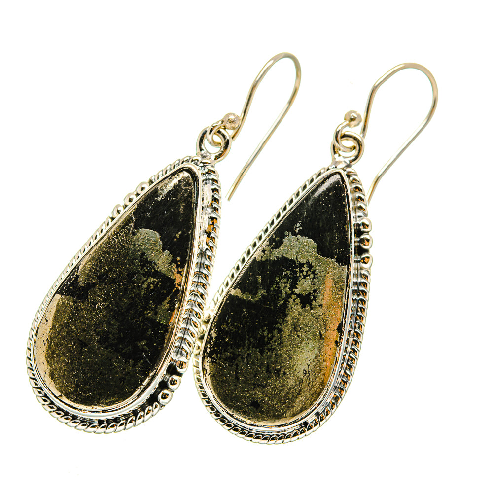 Teardrop pyrite agate earrings in silver with ornate frame and fishhook hooks
