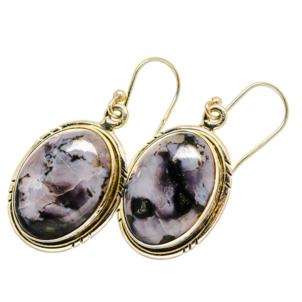 Pair of gabbro stone oval drop earrings with gold-tone bezel and silver hooks