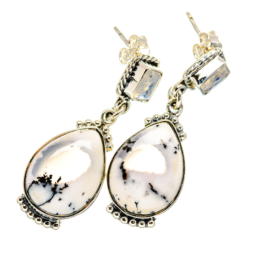Silver tone dangle earrings with moonstone rectangles and pear charms, white with black dendrites