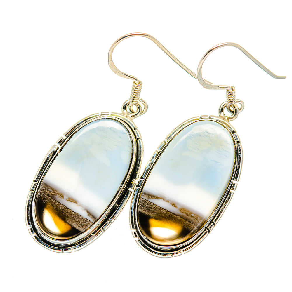Oval white opal cabochon drop earrings, silver-tone oval frames with teardrop silhouette