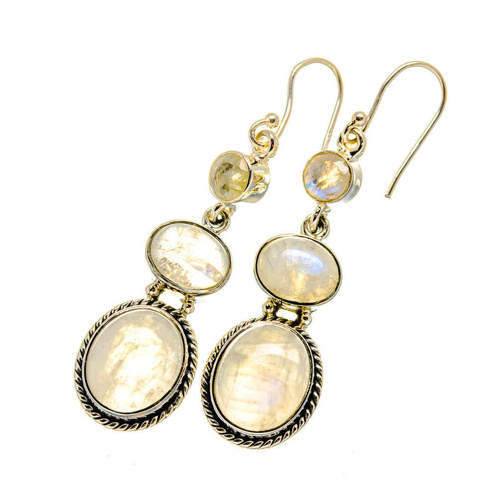 Gold-tone moonstone drop earrings, oval rainbow stones with ornate oval settings