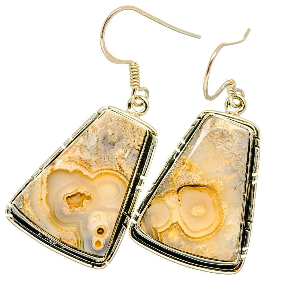 Square jasper drop earrings with fishhook backs, cream and gold stone bezel
