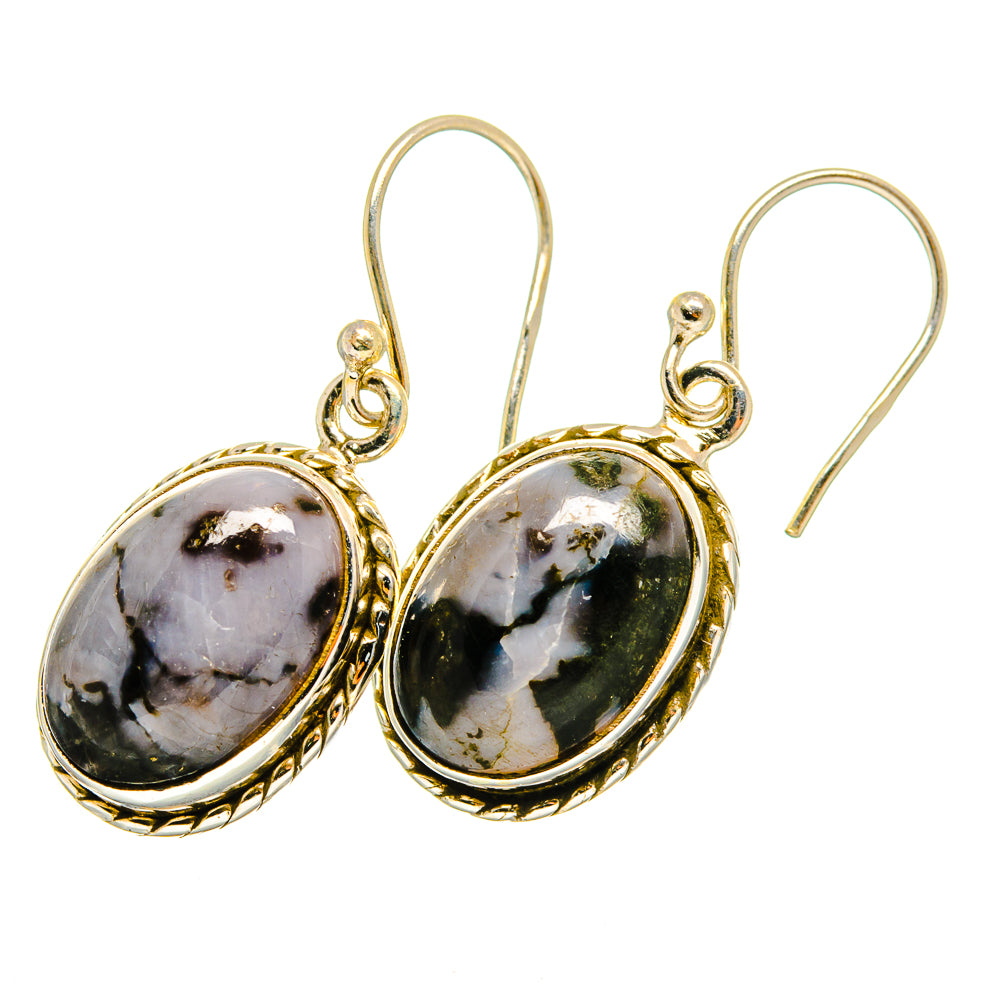 Gabbro stone oval drop earrings in gold-tone with black and gray marbled cabochons