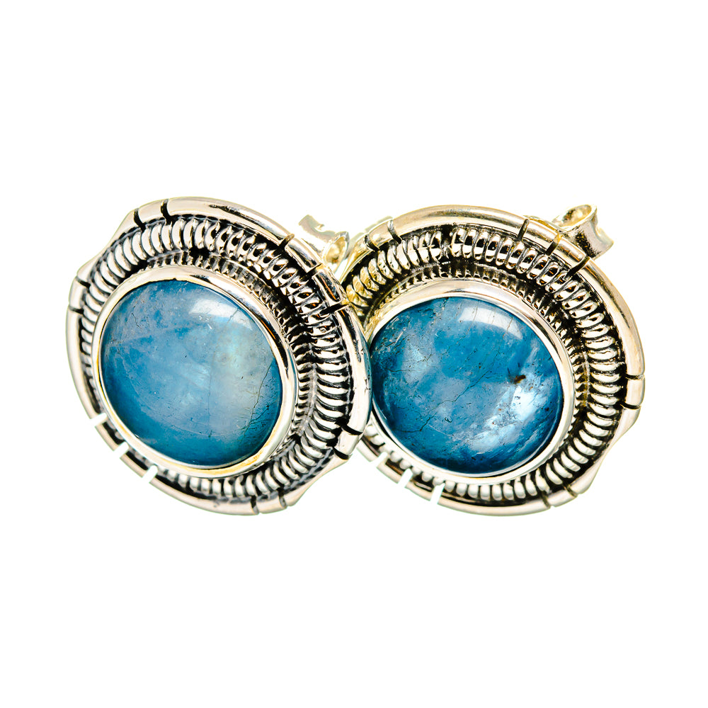 Round blue kyanite stud earrings in sterling silver with textured beaded halo