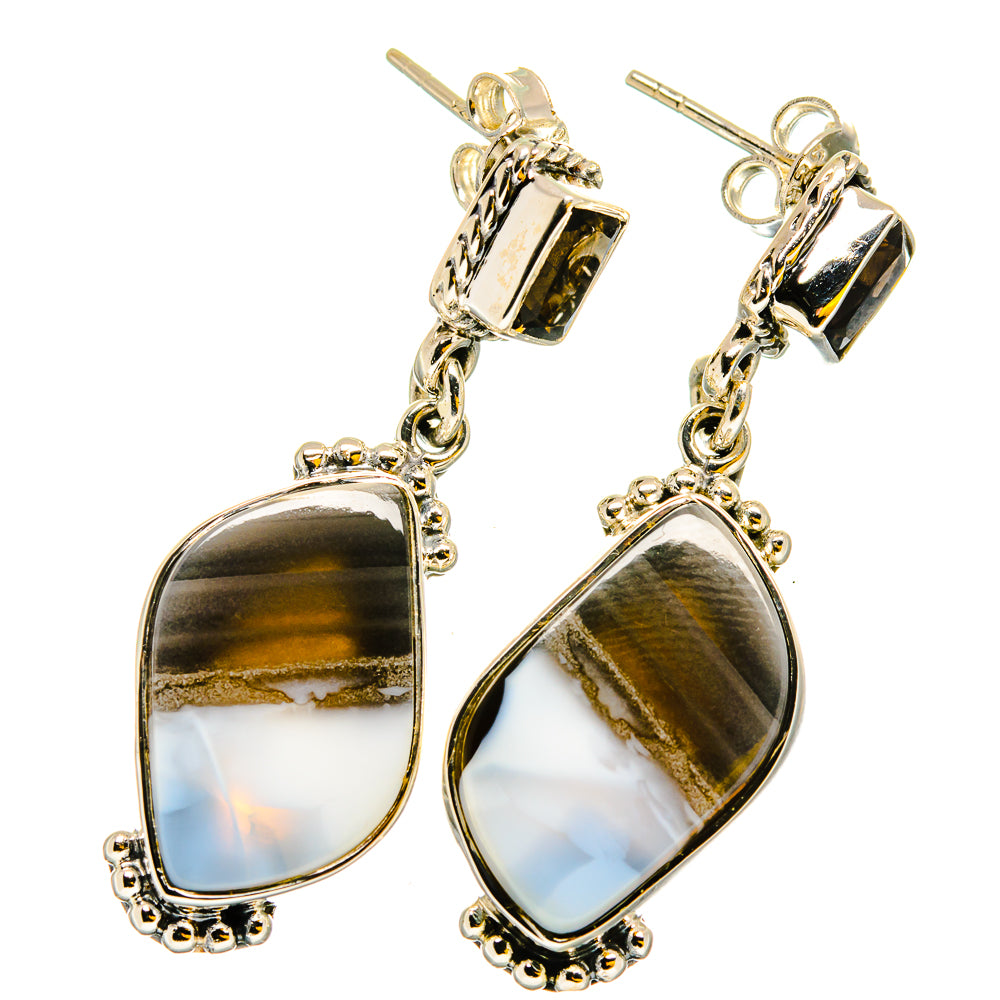 Dangle earrings with teardrop bezel-set stones, gold and white iridescence, sterling silver