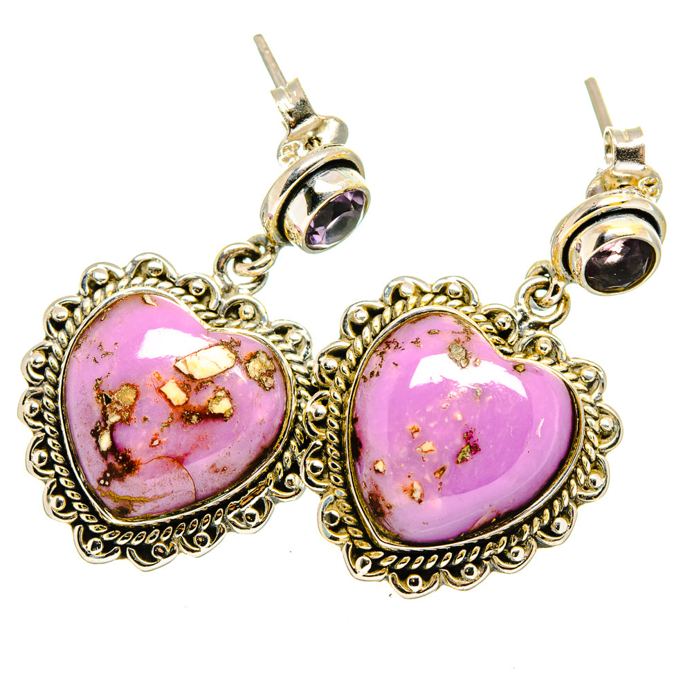 Heart-shaped pink phosphosiderite drop earrings with small purple crystal tops, gold-tone frames