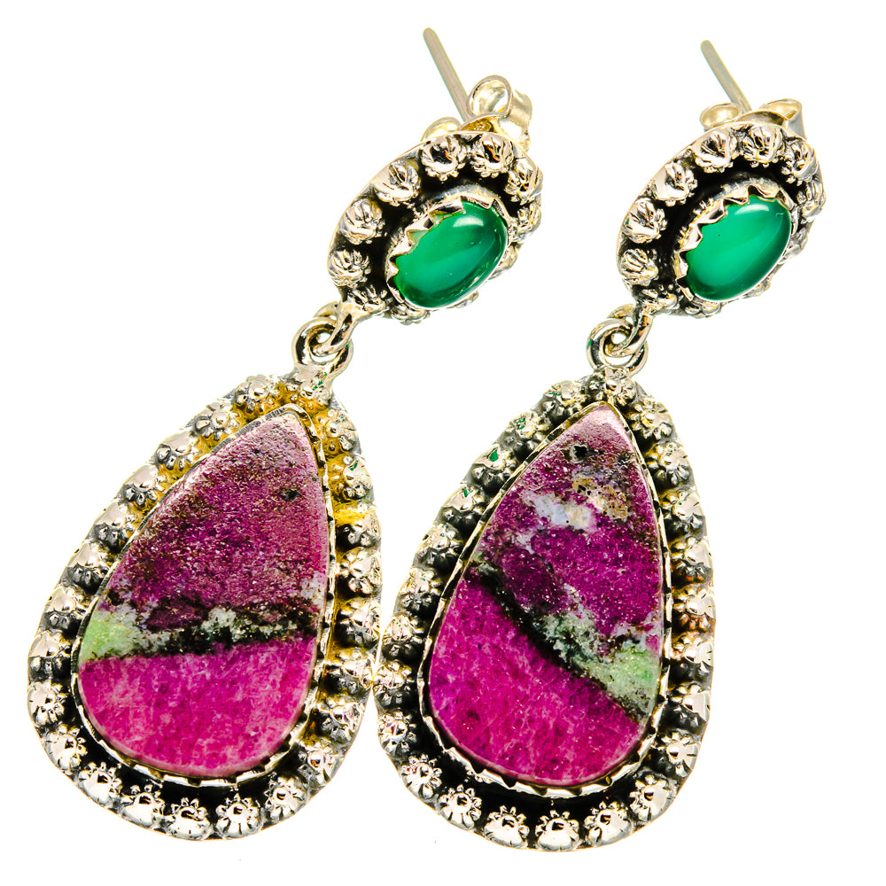 Teardrop earrings with green oval top and purple stone teardrop drops, 925 silver