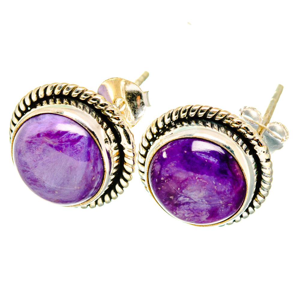 925 sterling silver charoite stud earrings, round purple gemstone with rope bezel