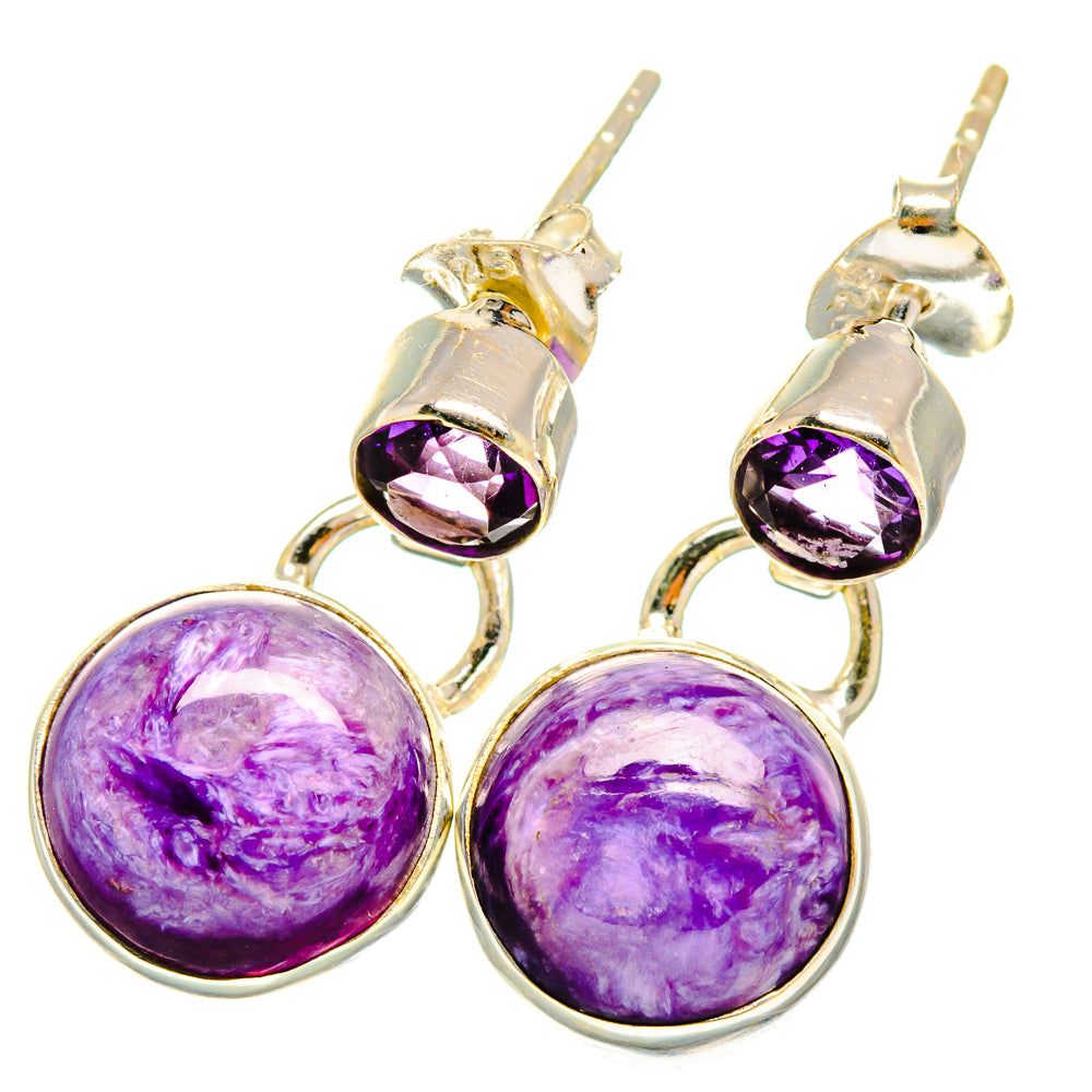 Sterling silver drop earrings with purple amethyst-like top and round charoite cabochons