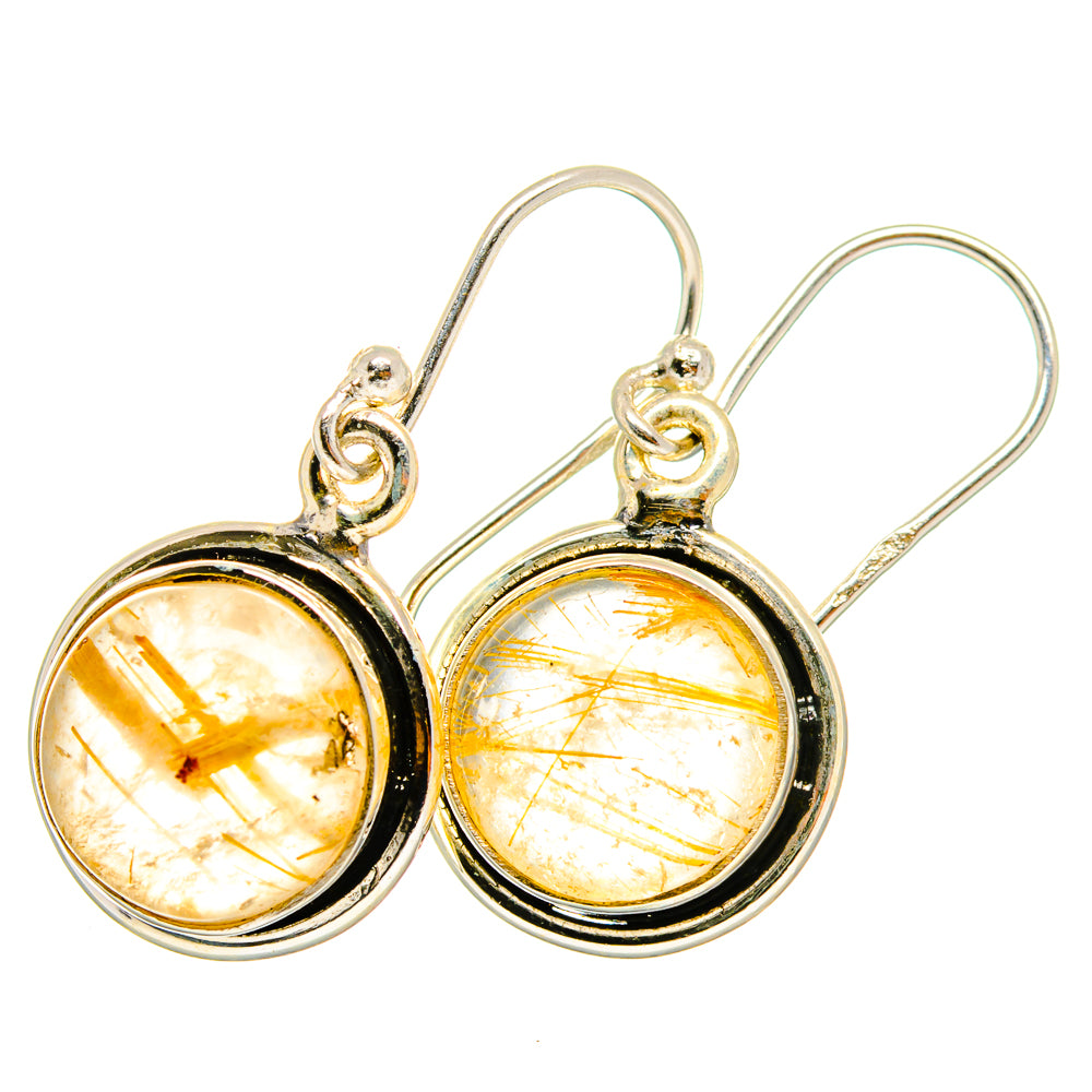 Round rutilated quartz earrings with golden cabochon, bezel-set in sterling silver