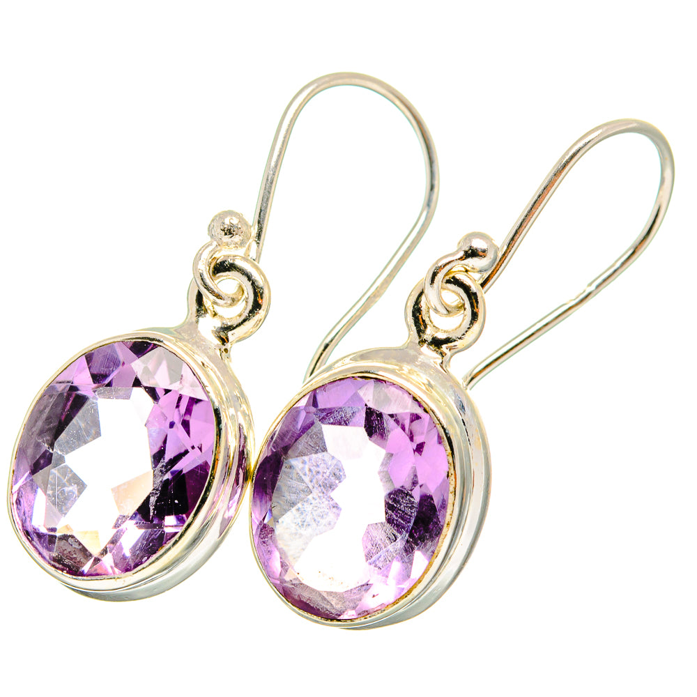 Amethyst faceted oval drop earrings, 925 sterling silver hooks with round bezel settings.
