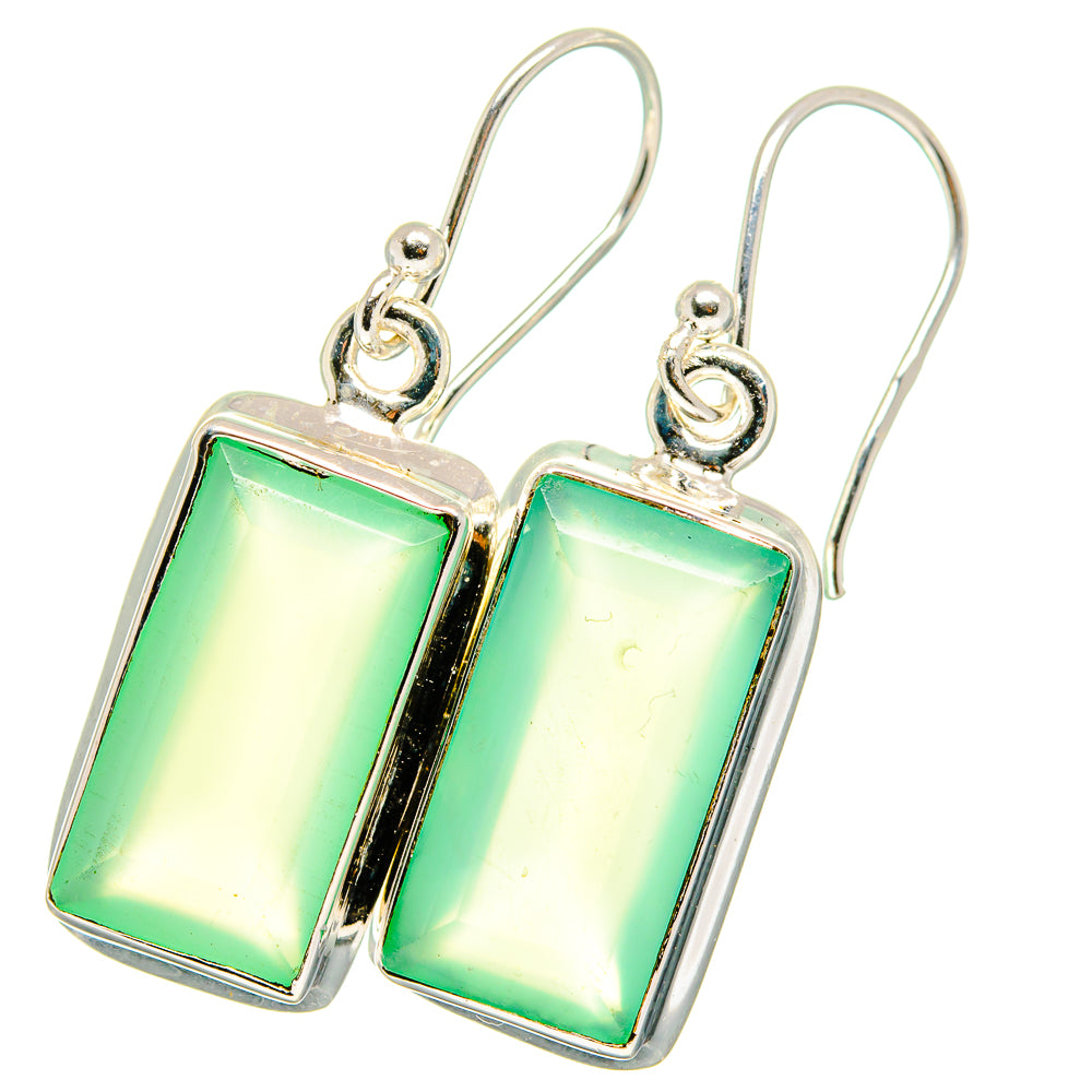 Sterling silver dangle earrings with two rectangular green chalcedony stones and hooks