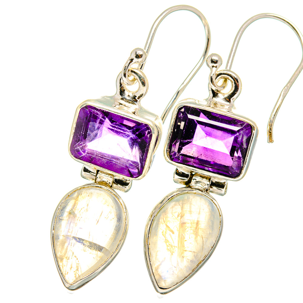 Sterling silver amethyst and moonstone drop earrings with square and teardrop stones