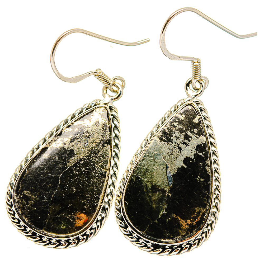Pyrite agate teardrop earrings in sterling silver, black-green textured stone