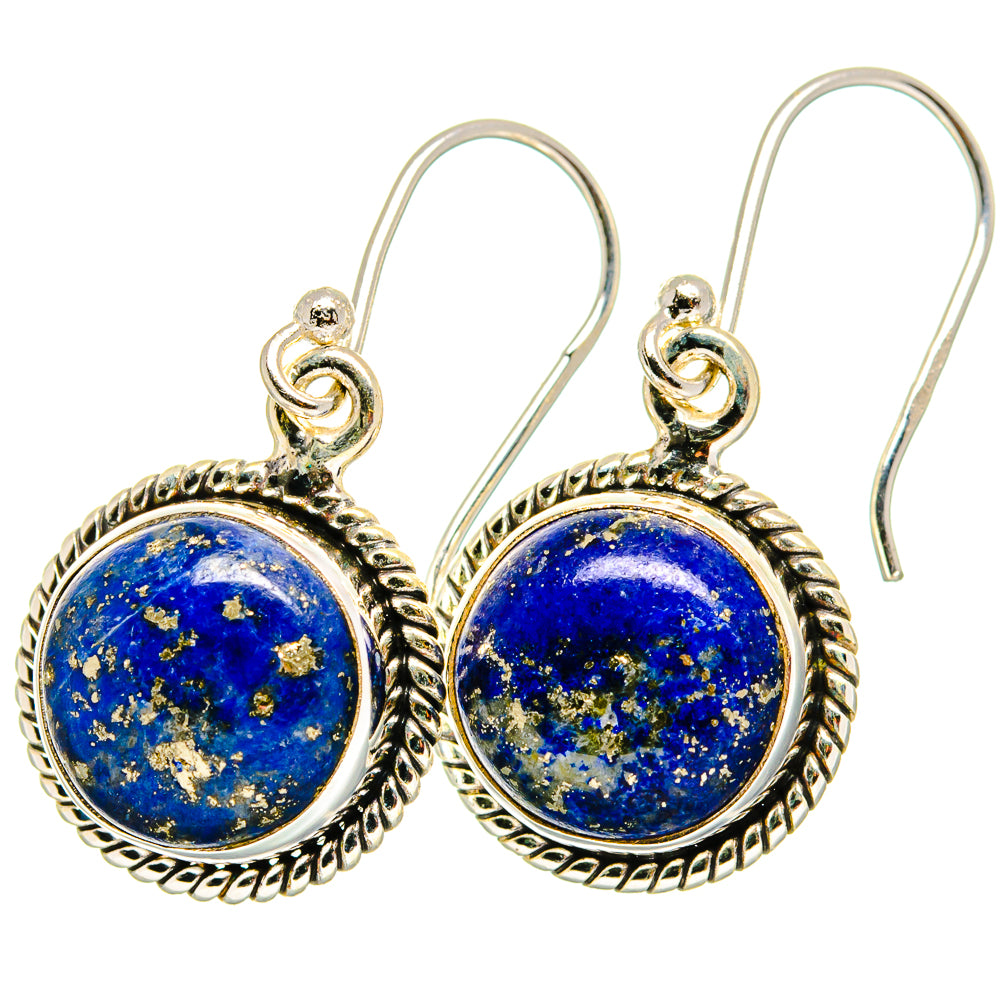 Round lapis lazuli earrings, sterling silver scalloped bezel with gold-tone loop