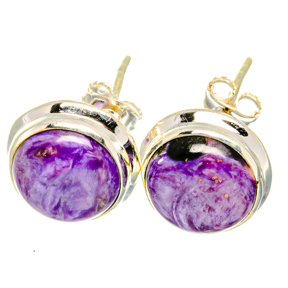Sterling silver stud earrings with round purple charoite cabochons and posts