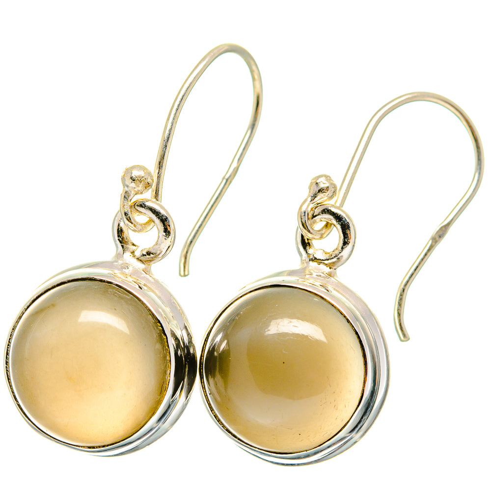 Round moonstone drop earrings, 925 sterling silver, light cabochon in bezel