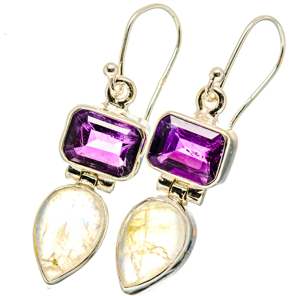 Sterling silver earrings with purple square amethyst and teardrop opalescent moonstone