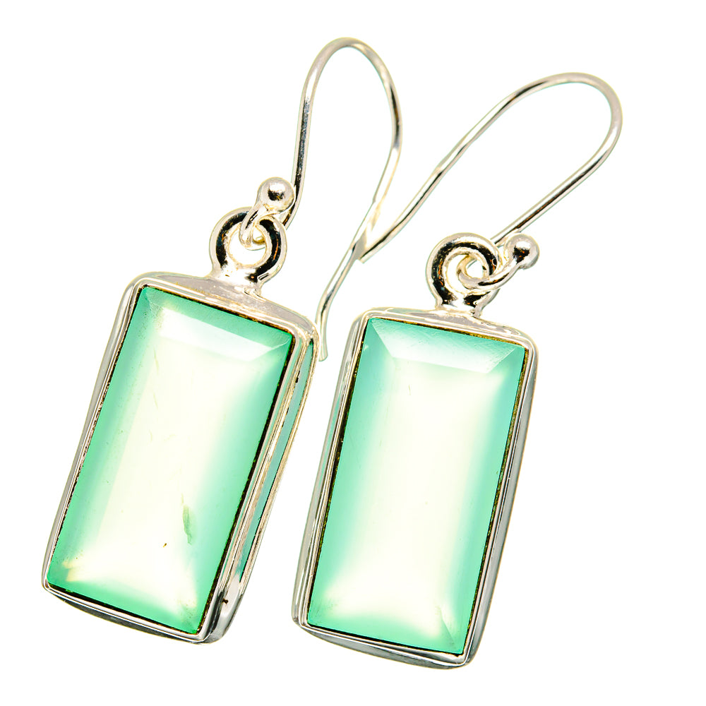 Sterling silver aqua chalcedony rectangle drop earrings with green stones, fishhooks