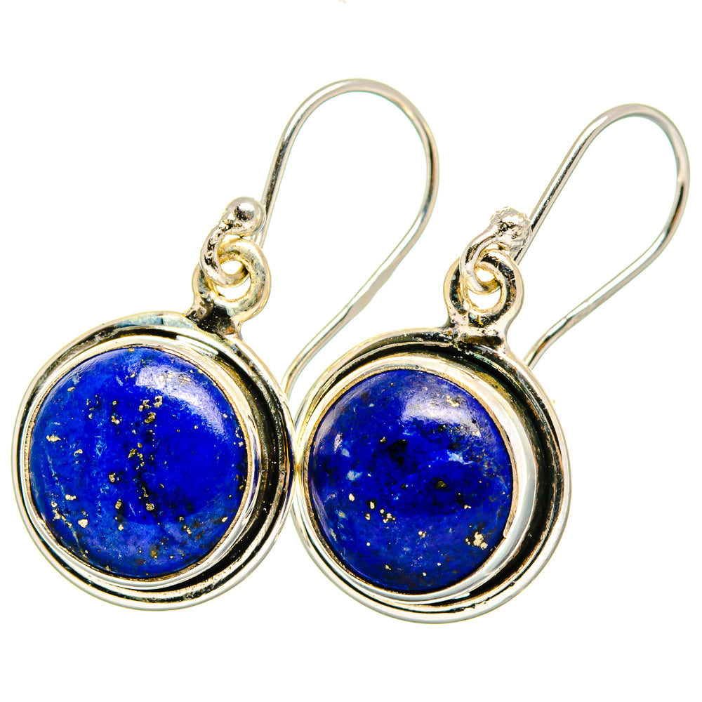 Pair of round lapis lazuli earrings in 925 sterling silver with blue cabochon stones and hooks