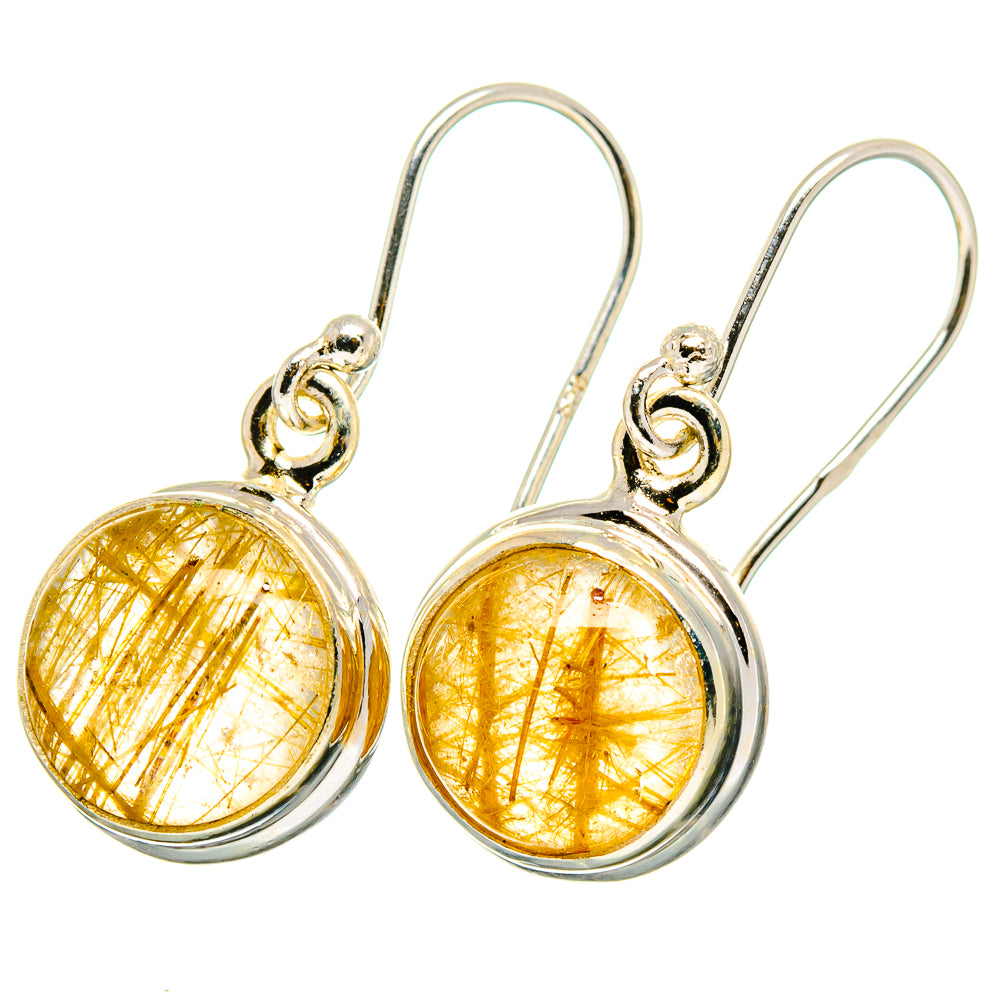 Silver leverback drop earrings with round yellow rutilated quartz cabochons