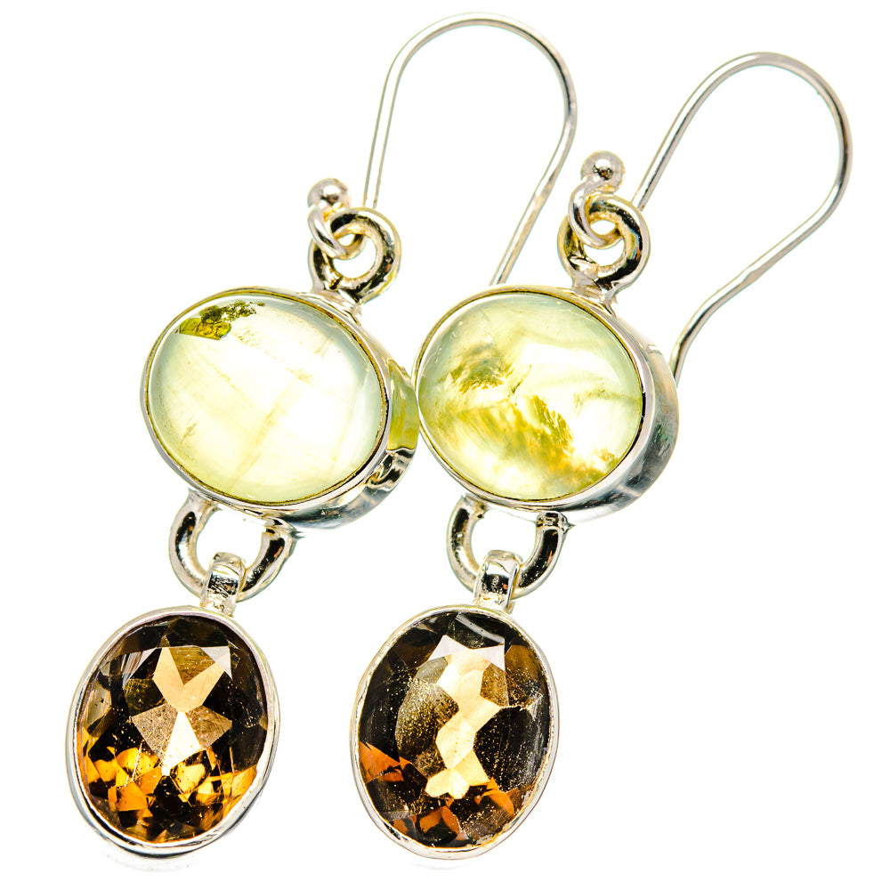 925 sterling silver drop earrings with green prehnite and dark smoky quartz oval drops