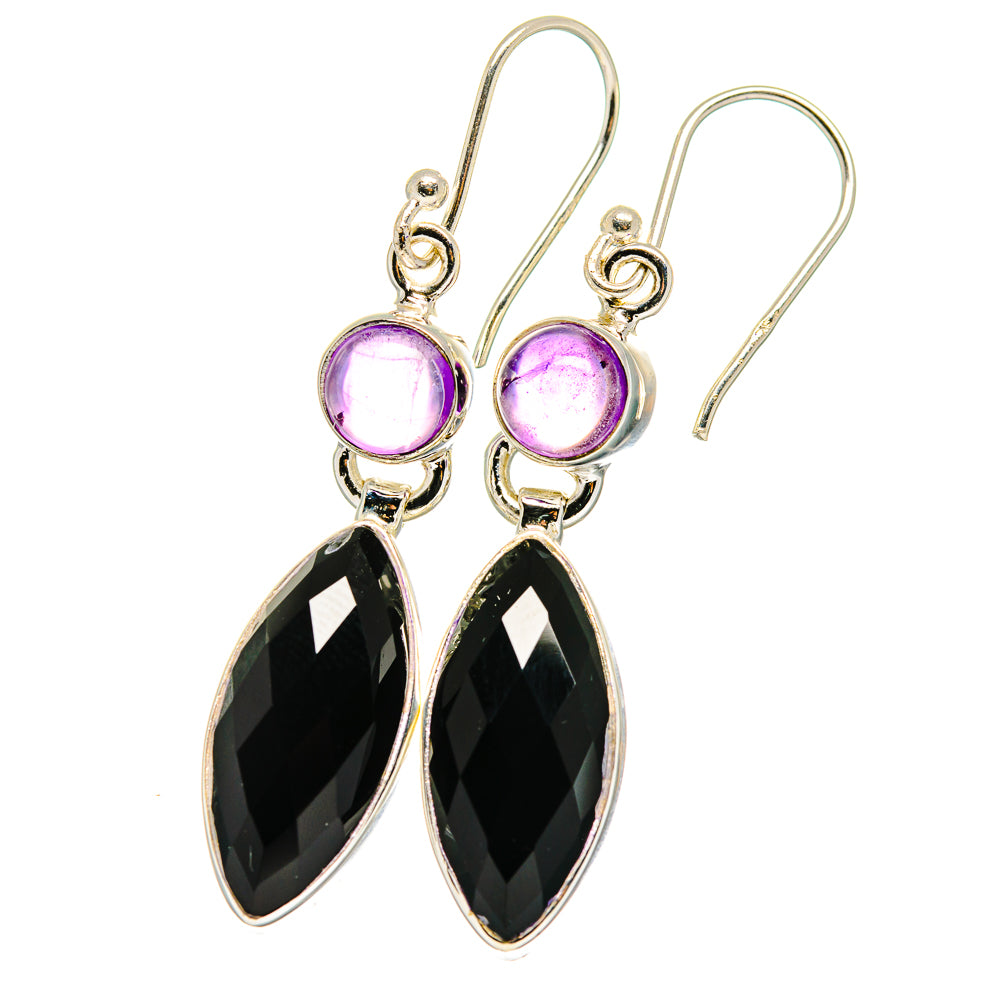 Sterling silver drop earrings with round amethyst studs and black onyx facet drops