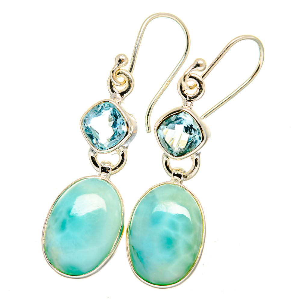 Sterling silver drop earrings with blue topaz and oval larimar stones